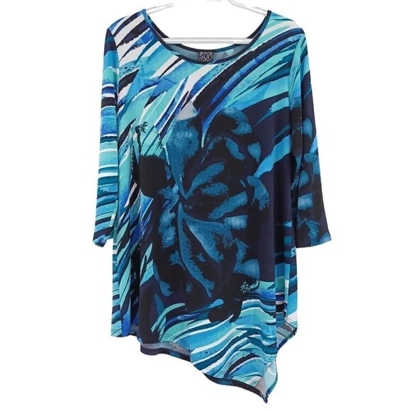 Clara Sun Woo Blue Floral Abstract Asymmetric Tunic Top Women's S Artsy Relaxed - Picture 1 of 8